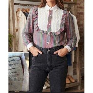 VNTG At Once 70s Striped Ruffle Collar Blouse Cottagecore Indie Sleaze Shirt L